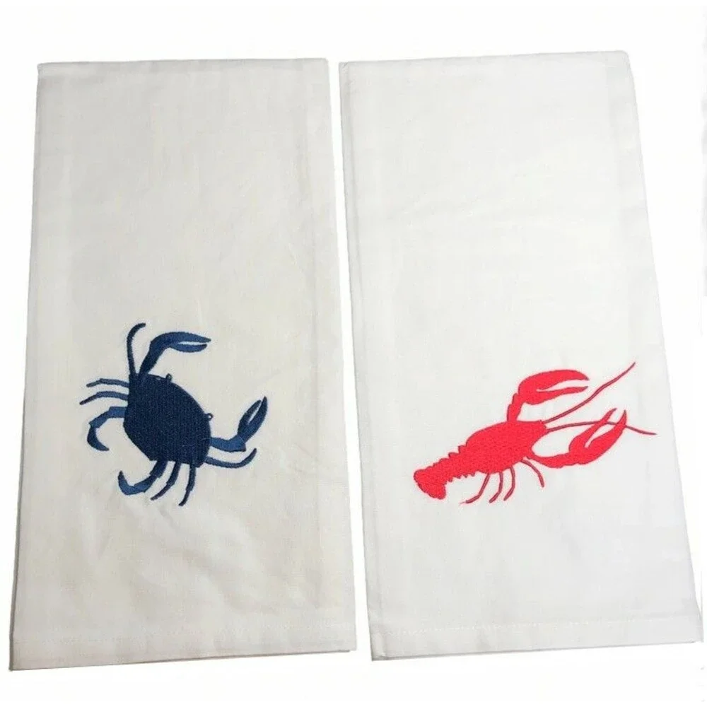 Nautical Kitchen Dish Towels Lobster Crab Embroidered Set of 2 Summer Red Blue
